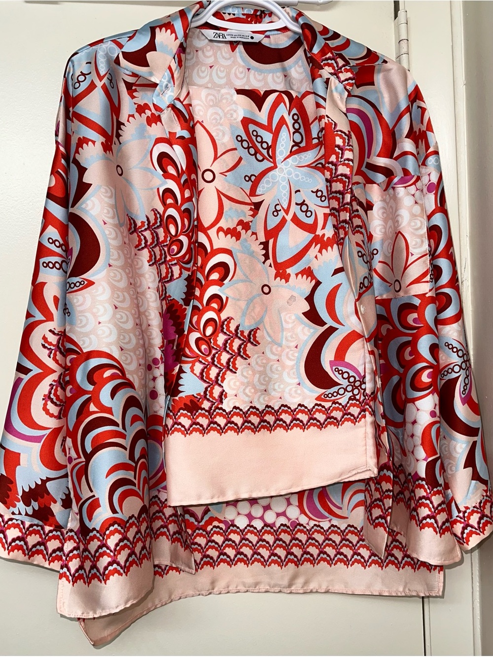 Zara Red, Light Blue & Pink Satin Print Top